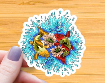 Koi Fish Waterproof Sticker: Scarlet Gold Yin Yang Vinyl Decal