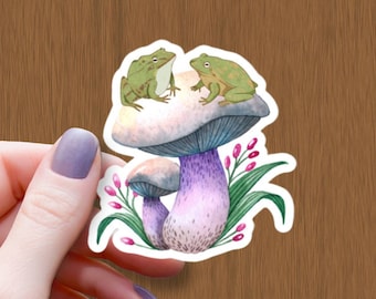 Frogs on Mushroom Waterproof Sticker: Cottagecore Witchy Decal