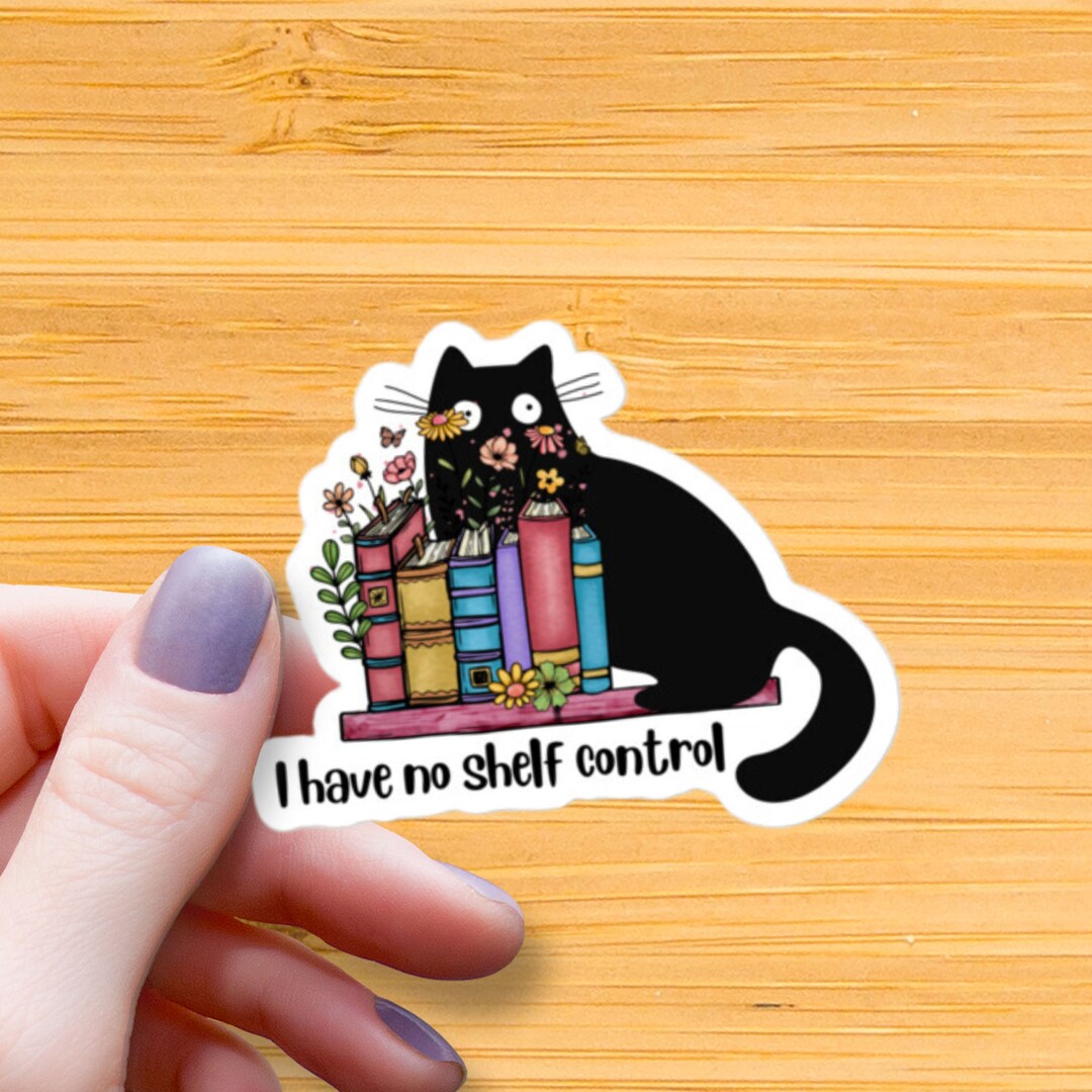 Black Cat on Shelf Waterproof Glossy Sticker, Book Lover Sticker ...