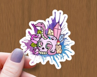 Pegatina de calavera y serpiente de bruja: cristal lunar, vinilo brillante resistente al agua