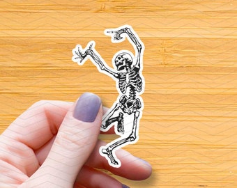 Sticker dansend skelet: waterdicht glanzend vinyl, grappige Halloween-sticker!