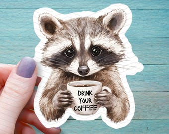 Raccoon with Coffee Sticker: Waterproof Glossy Vinyl Decal