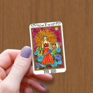 L’autocollant brillant étanche à la carte de tarot du zodiaque Leo, autocollants en vinyle de l’horoscope Leo, décalcomanie de carte de tarot, cadeau d’autocollant pour l’anniversaire d’un ami, sorcière