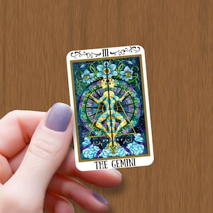 La etiqueta impermeable de la carta del tarot del zodiaco de Géminis, pegatinas de vinilo del horóscopo de Géminis, calcomanía de cartas del tarot, regalo de pegatina para el cumpleaños de un amigo