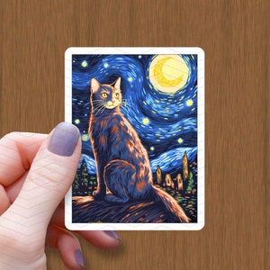 Autocollant brillant imperméable à l’eau de nuit étoilée de chat noir, autocollant de sorcière, autocollant d’Halloween, autocollants en vinyle de chat, décalcomanie de carte de tarot, cadeau d’amoureux de chat