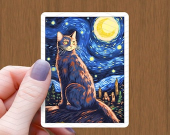 Schwarze Katze Sternennacht Sticker: Wasserfester glänzender Vinyl-Aufkleber