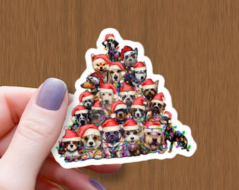 Dogs in Santa Hats Christmas Tree Sticker: Waterproof Glossy Vinyl Decal