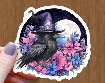 Witch Raven Floral Moon Sticker: Waterproof Glossy Vinyl Decal