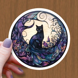 花柄ムーンウィッチ黒猫防水光沢ステッカー、魔女ステッカー、ハロウィンステッカー、猫ビニールステッカー、猫レディデカール、猫好きギフト