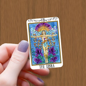 La carta del tarot del zodiaco de Libra Pegatina brillante impermeable, pegatinas de vinilo del Horóscopo de Libra, calcomanía de cartas del Tarot, regalo de pegatina para el cumpleaños de un amigo