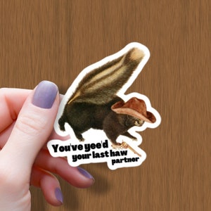 Cowboy Skunk Impermeabile Adesivo Lucido, Hai Yee'd Your Last Haw Adesivo, Skunk con Adesivo in Vinile Pistola, Adesivi Meme, Cowboy Decal Regalo