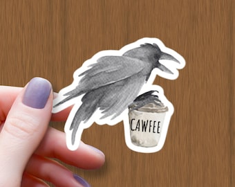 Cawfee Waterproof Glossy Sticker, Crow Watercolor Sticker, Raven Vinyl Stickers, Black Crow Decal, Bird Lover Gifts, Bird Art, Coffee Lover