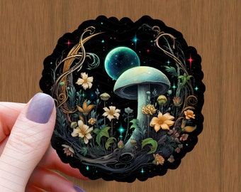 Sticker paddenstoel bloemen maan: aquarel cottagecore vinyl sticker