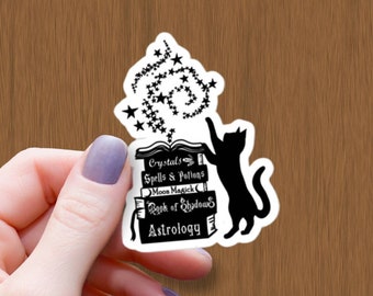 Pegatina de gato negro brujo y libros de hechizos: Calcomanía pagana gótica