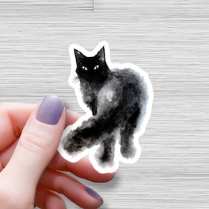 黒猫の水彩防水光沢ステッカー、魔女ステッカー、ハロウィンステッカー、黒猫アートビニールステッカー、黒猫愛好家へのギフト