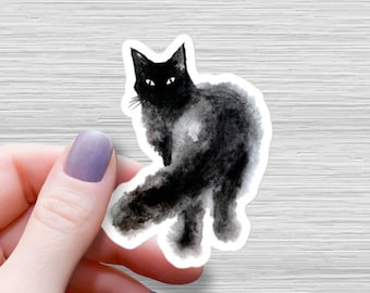 Black Cat Watercolor Sticker: Waterproof Glossy Vinyl, Witchy Halloween Art