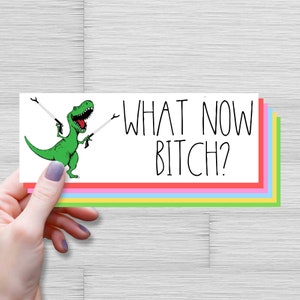 Dinosaur with Grasper Bumper Sticker, What Now Bitch Car Decal, Meme Outdoor Sticker, T-Rex with Arm Extender Gift, Funny Meme Dinosaur Gift