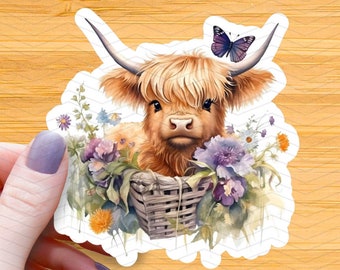 Adesivo per cesto floreale Highland Cow: adesivo lucido impermeabile per bovini
