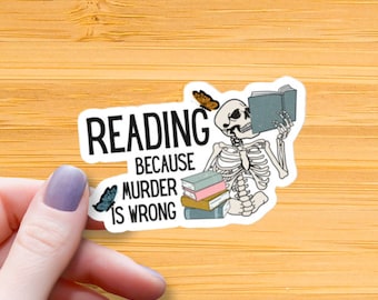 Reading Skeleton Waterproof Sticker: Book Lover Gift, Halloween Decal