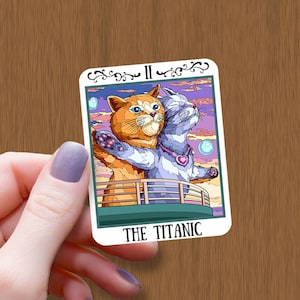 The Titanic Tarot Card Waterproof Glossy Sticker, Two Cats on Titanic Vinyl Sticker, Cat Love Decal, Halloween Stickers, Crazy Cat Lady Gift