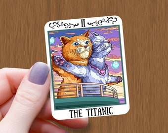 The Titanic Tarot Card Waterproof Glossy Sticker, Two Cats on Titanic Vinyl Sticker, Cat Love Decal, Halloween Stickers, Crazy Cat Lady Gift