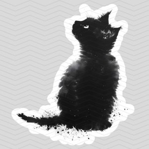 K&ouml;nnte beinhalten: Schwarz-wei&szlig;-Aquarell-Illustration einer Katze, die sitzt und zur Seite schaut. Die Katze ist in einem malerischen Stil mit einem weichen, strukturierten Look dargestellt.