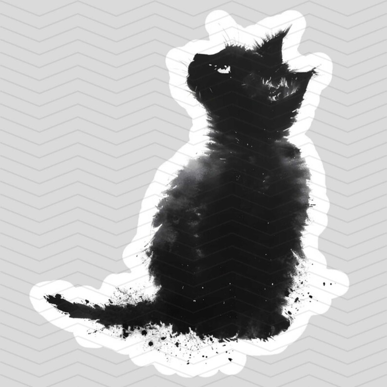 K&ouml;nnte beinhalten: Schwarz-wei&szlig;-Aquarell-Illustration einer Katze, die sitzt und zur Seite schaut. Die Katze ist in einem malerischen Stil mit einem weichen, strukturierten Look dargestellt.