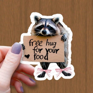 Free Hug for Your Food Raccoon Waterproof Glossy Sticker, Cute Raccoon Vinyl Sticker, Meme Sticker, Raccoon Lover Decal, Valentines Day Gift
