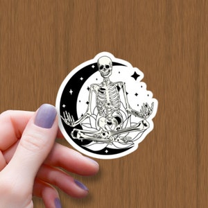 Meditating Skeleton Waterproof Glossy Sticker, Namaste Halloween Sticker, Skeleton Sticker, Spooky Vinyl Sticker, Yoga Sticker, Moon Sticker