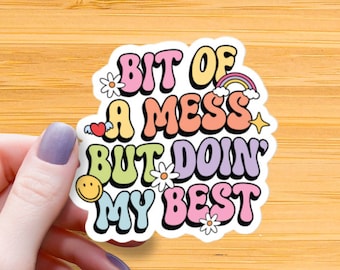 May include: A colorful sticker with the text "Bit of a mess but doin' my best" in a retro font. The sticker features various small illustrations, including flowers, a heart, a rainbow, and a smiley face.