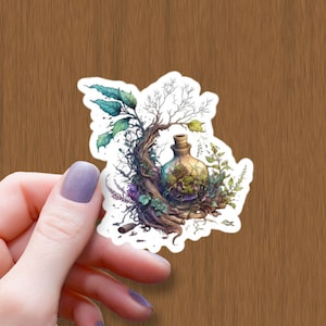May include: A sticker featuring a detailed illustration of a glass bottle with a cork stopper, surrounded by a whimsical, overgrown tree with green and brown leaves. The bottle is filled with a swirling mixture of green, brown, and purple colours, suggesting a magical potion.
