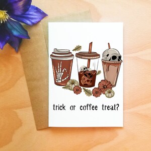 Halloween Skulls Greeting Card, Trick or Coffee Treat Card, Spooky Season Greeting Card, Funny Halloween Card, Coffee Lover Halloween Gift