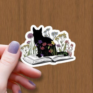 Black Cat on Book Waterproof Glossy Sticker, Book Lover Sticker, Floral Cat Sticker, Halloween Sticker, Reader Vinyl Stickers, Student Gift