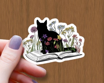 Black Cat on Book Waterproof Glossy Sticker, Book Lover Sticker, Floral Cat Sticker, Halloween Sticker, Reader Vinyl Stickers, Student Gift