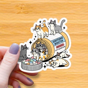 Adesivo lucido in vinile impermeabile per gatti Serotonin Booster, adesivo in vinile per la salute mentale, adesivi per l'ansia, regalo divertente, decalcomania dell'amore per se stessi, Cat Lady