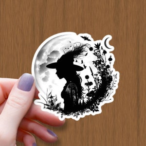 The Moon Witch Waterproof Glossy Sticker, Witch Vinyl Sticker, Halloween Sticker, Moon Aesthetic Decal, Gothic Sticker, Witch Friend Gift