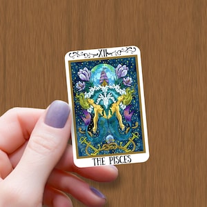 La carte de tarot du zodiaque Poissons autocollant brillant imperméable, autocollants en vinyle de l’horoscope des Poissons, décalcomanie de carte de tarot, cadeau d’autocollant pour l’anniversaire d’un ami