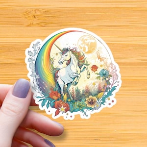 Einhorn Regenbogen Mond Retro wasserdichte glänzende Aufkleber, Einhorn Vinyl Aufkleber, magische Einhorn Aufkleber, Geschenk für Einhorn Liebhaber, verzauberte Aufkleber
