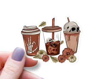 Creepy Skull Coffee Glossy Sticker - Halloween Tea Gift