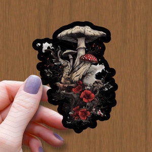 Red Floral Gothic Mushroom Waterproof Glossy Sticker, Cottagecore Vinyl Stickers, Fairy Decal, Witch Sticker, Mushroom Gift, Kindle Stickers