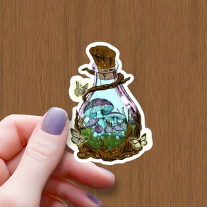 Mushroom In A Bottle Waterproof Glossy Sticker, Butterfly Stickers, Cottagecore Vinyl Sticker, Fairy Mushroom Decal, Witchy Mushroom Sticker