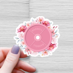 Pink Floral Barbell Waterproof Glossy Sticker, Girls Powerlifting Vinyl Sticker, Flower Stickers, Aesthetic Decal, Women Gym, Feminist Gift