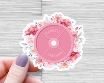 Pink Floral Barbell Sticker: Waterproof Glossy Vinyl Decal