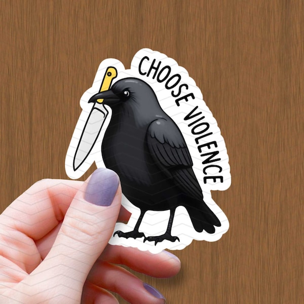 Raven with Knife Waterproof Glossy Sticker, Choose Violence Crow Vinyl Stickers, Raven Decal, Gift for Crow Lover, Black Crow Art, Halloween