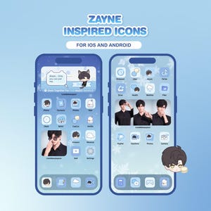 May include: Two blue smartphone screens displaying custom app icons and wallpapers. The top text reads "ZAYNE INSPIRED ICONS" and "FOR IOS AND ANDROID". One screen features a cartoon cat and the other has photos of a man.