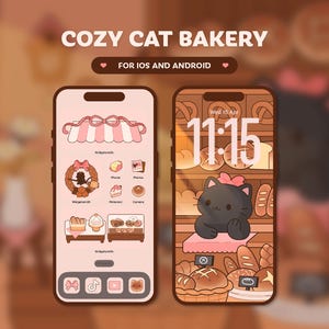 May include: Two smartphone screens displaying a cozy cat bakery theme. One shows app icons, the other a bakery scene with a black cat. Text reads "COZY CAT BAKERY" and "FOR IOS AND ANDROID". The overall color scheme is warm and inviting.