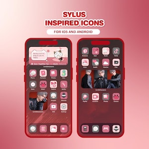 Peut inclure: Deux smartphones rouges affichant des icônes et des widgets d'applications personnalisés. Les icônes sont roses et blanches, avec un thème de chat de dessin animé. Le texte "SYLUS INSPIRED ICONS FOR IOS AND ANDROID" est en haut.