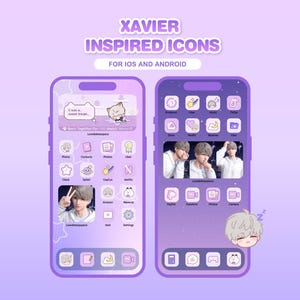 May include: Two purple smartphones showcasing custom app icons and widgets. The text "XAVIER INSPIRED ICONS" is at the top, with "FOR IOS AND ANDROID" below. One phone displays a photo of a person, the other shows a group of people.