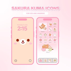 May include: Two pink smartphones displaying a cute bear-themed interface. The lock screen shows a bear face and the time. The home screen features bear icons and the text "Sakura Kuma Icons" and "For iOS and Android".