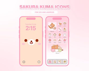 Sakura Kuma Icon Pack, Cute icons, Pink icon set, iOS and Android app icons, Aesthetic Icon pack